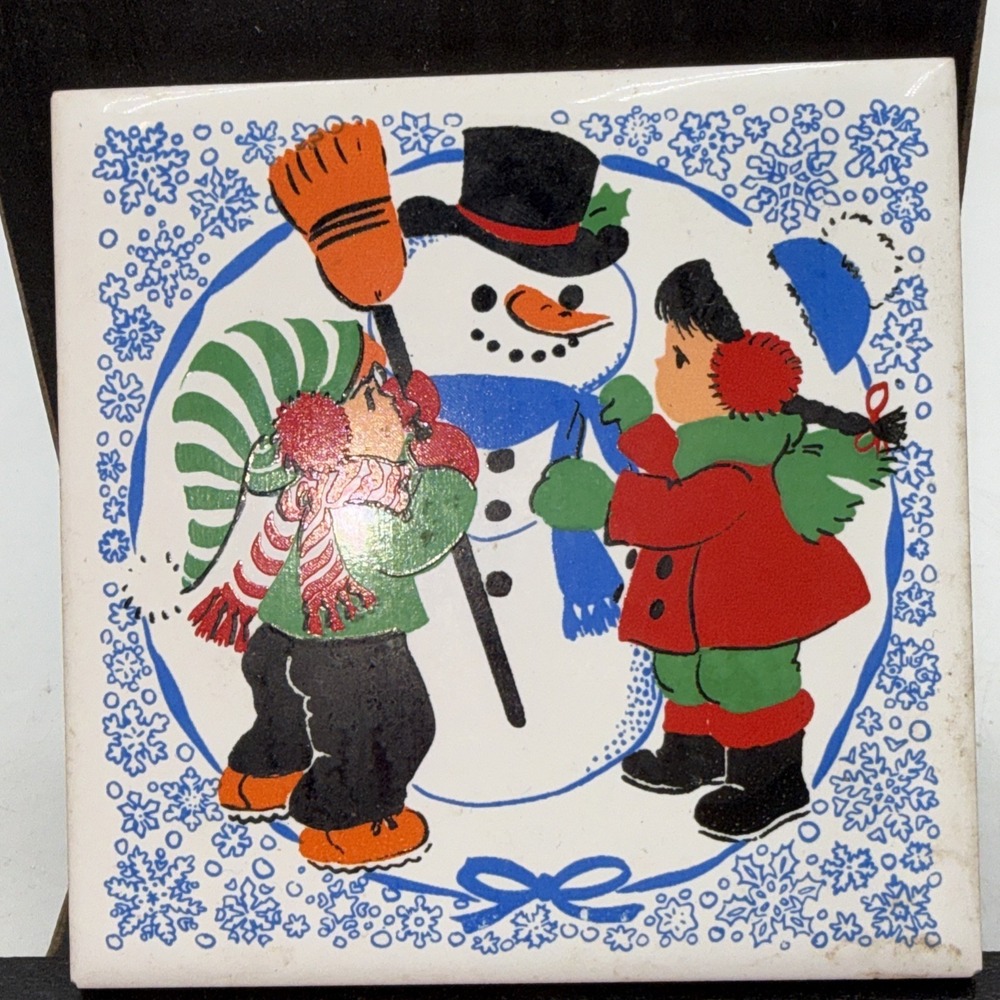 Vintage Jasco Ceramic Christmas Snowman Tile Trivet - Taiwan - Rubber Feet 4.25"
